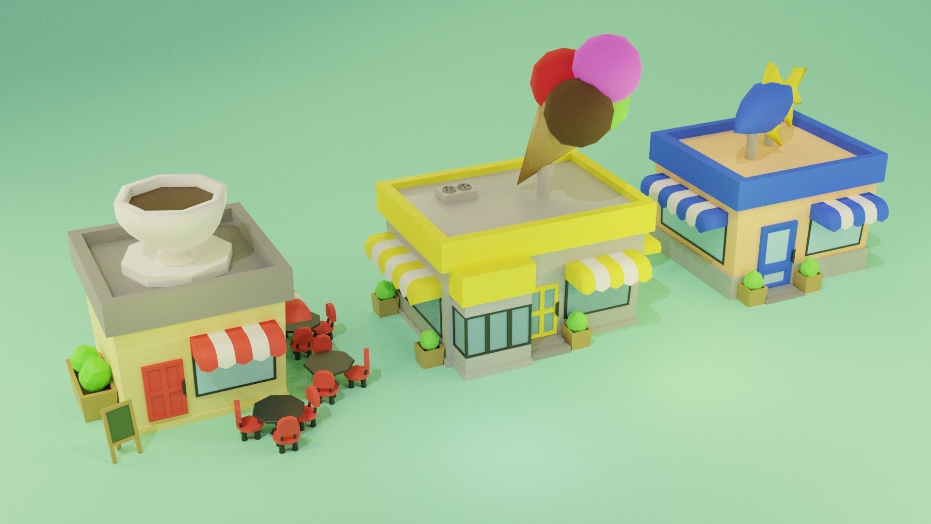 LowPoly Buildings town with and coffee shop Low-poly 3D model_6