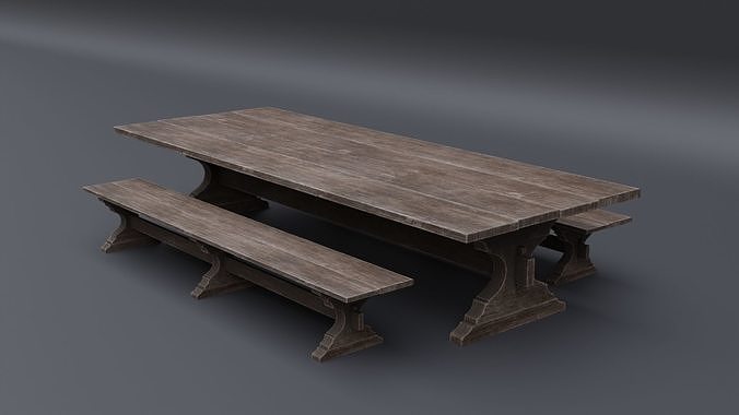 Medieval Table with Bench Low-poly 3D model