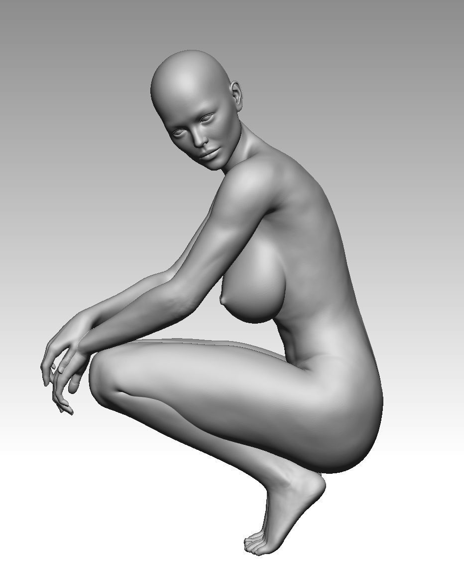 Nude female model squatting 3D model_2