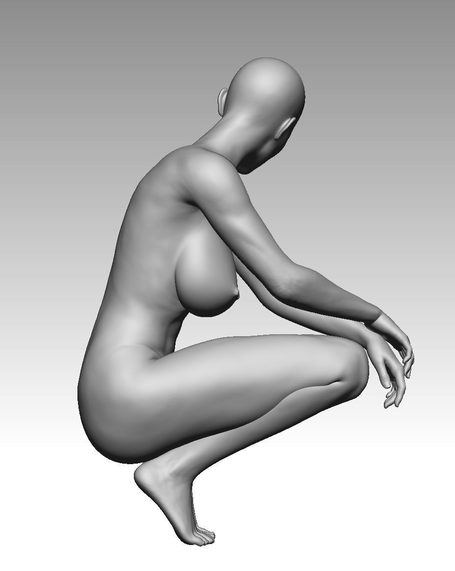Nude female model squatting 3D model_4