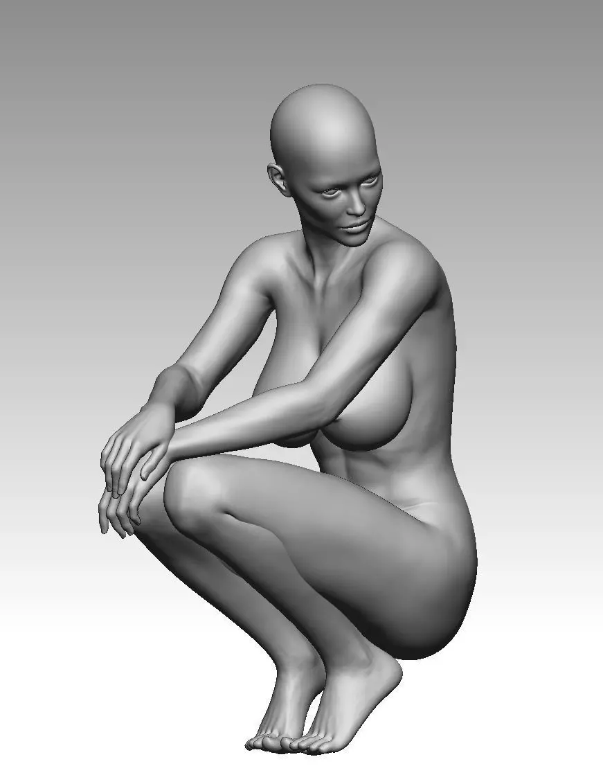 Nude female model squatting 3D model_0