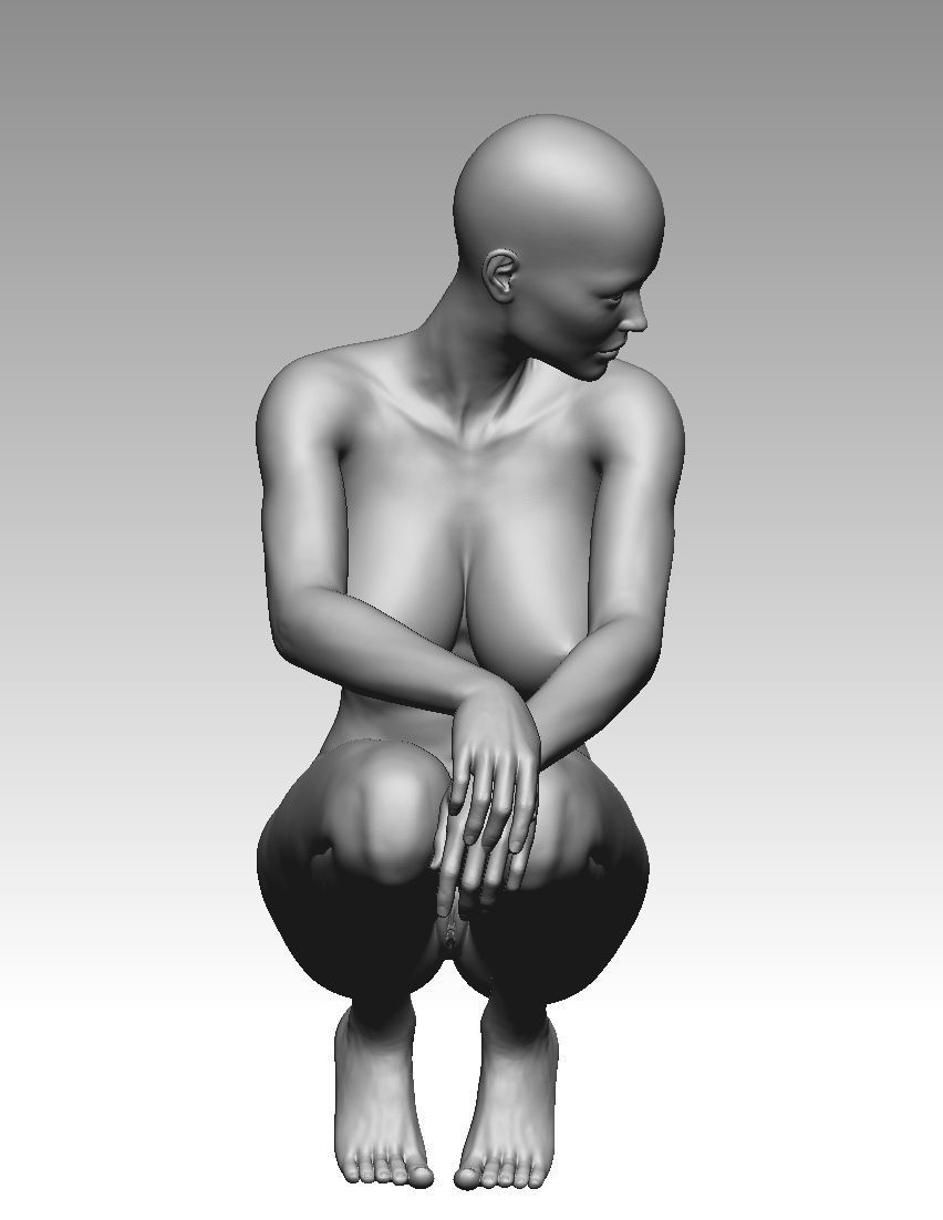 Nude female model squatting 3D model_1