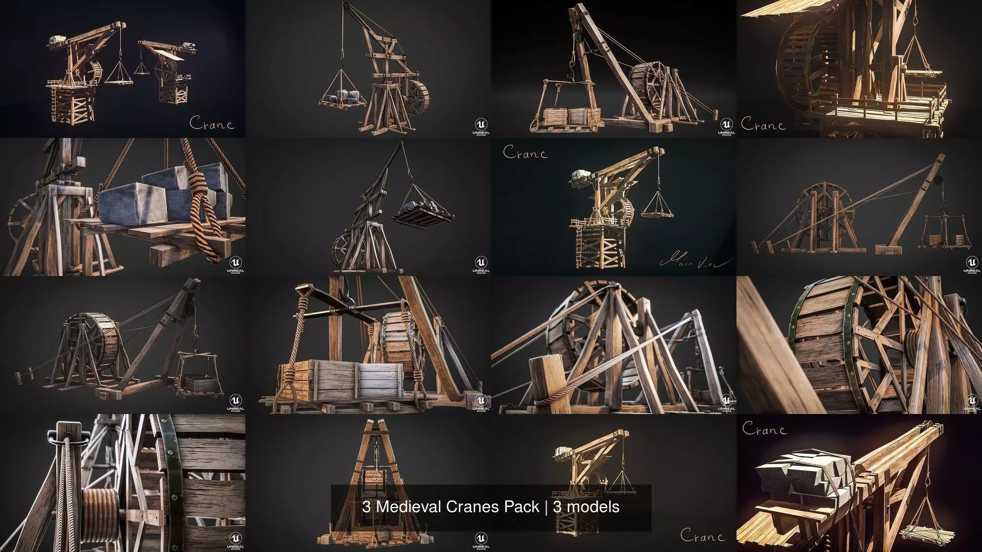 3 Medieval Cranes Pack 3D Model Collection_0