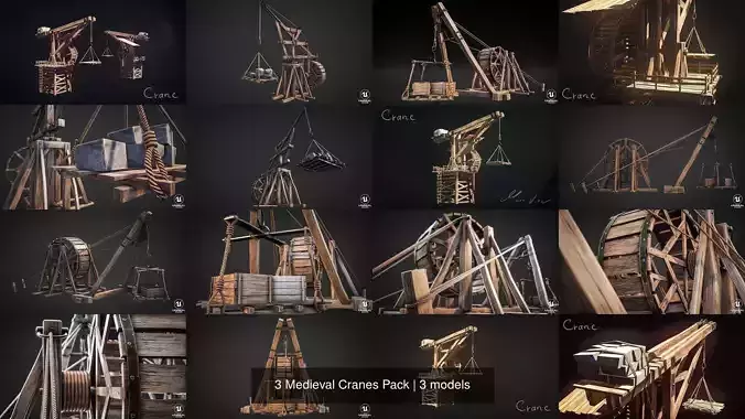 3 Medieval Cranes Pack 3D Model Collection