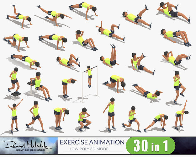 30 Woman Exercise Pack Low-poly 3D model