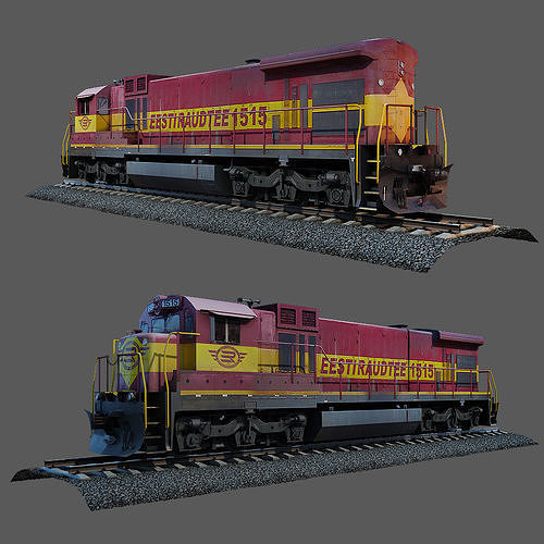 Train and railroad tracks and wagon Low-poly 3D model
