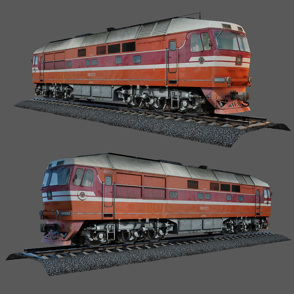 Train and railroad tracks and wagon Low-poly 3D model_1