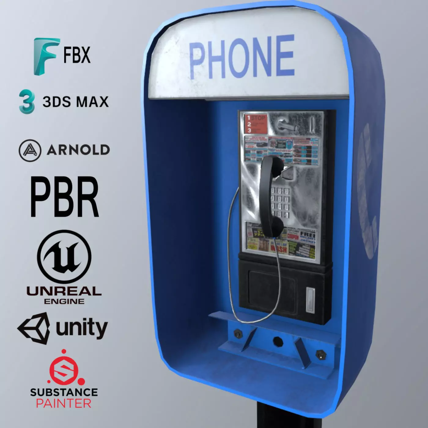 Payphone Blue New-York PBR Free low-poly 3D model_0