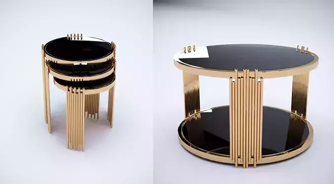 Collection 3D Brass and Glass Modern Coffee Table Set