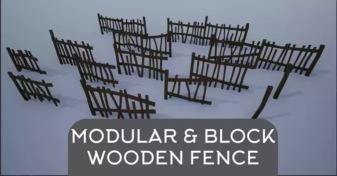 Modular and Block Wooden Village Fence Low-poly 3D model