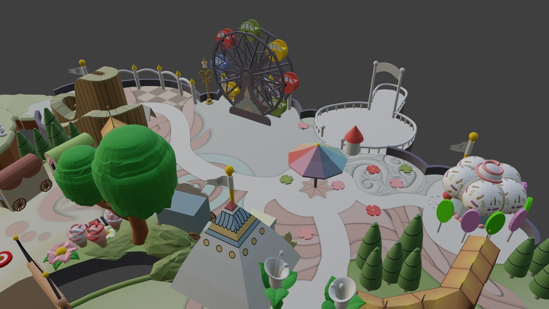 Island amusement park with ferris wheel Low-poly 3D model_2