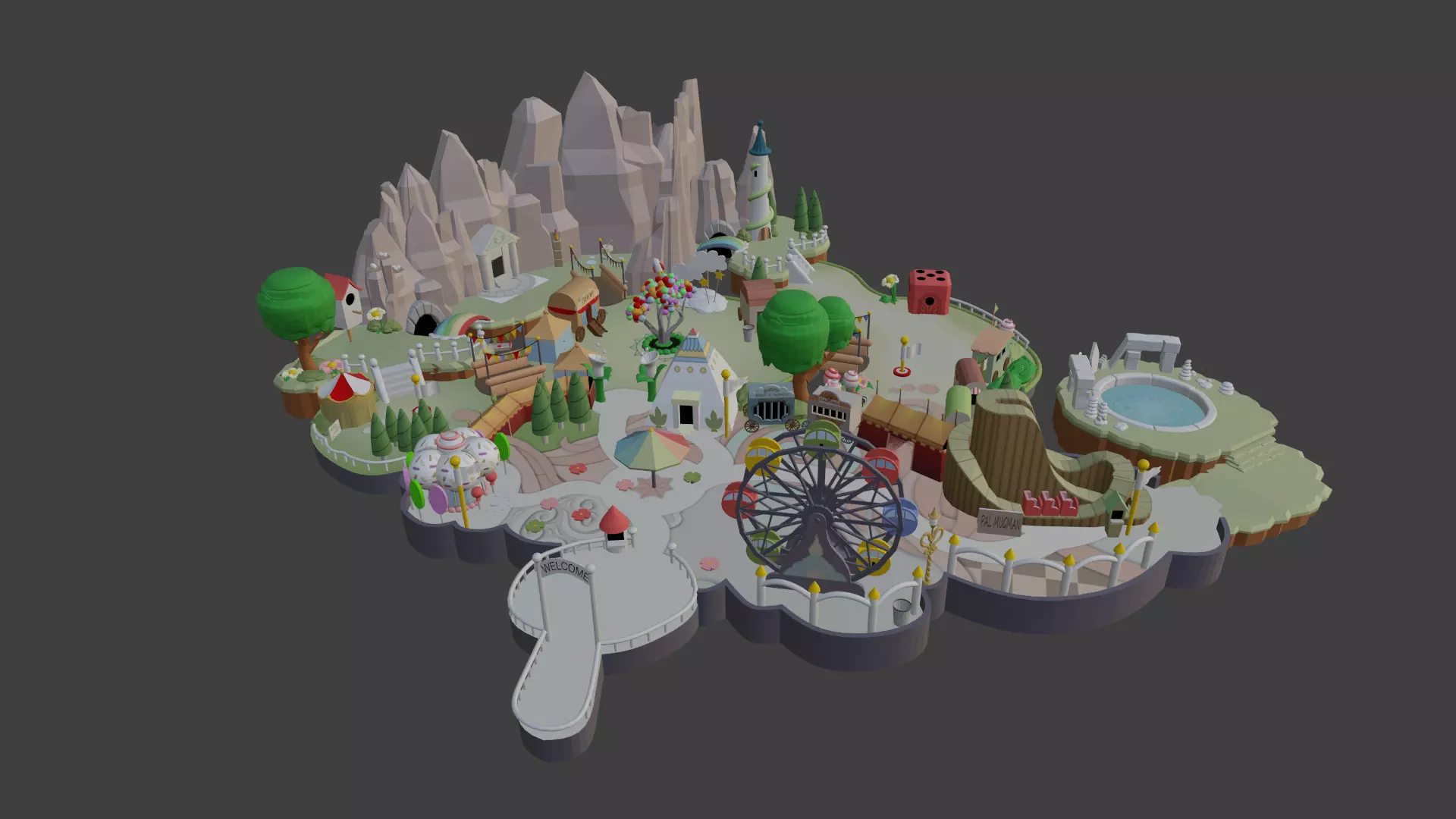 Island amusement park with ferris wheel Low-poly 3D model_0