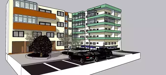 3D building apartment with cars parked