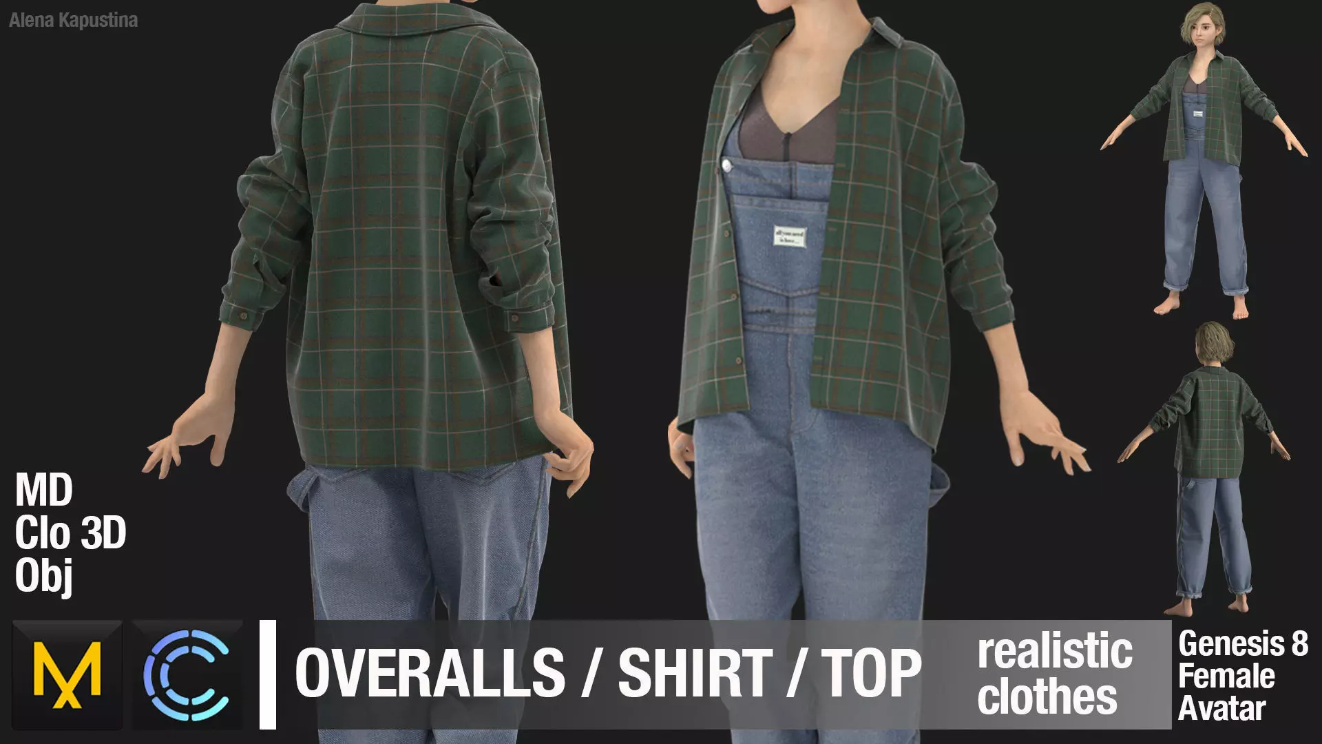 Female outfit Overalls Shirt Top  Marvelous Designer   3D model_0