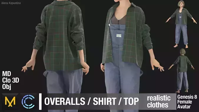 Female outfit Overalls Shirt Top  Marvelous Designer   3D model