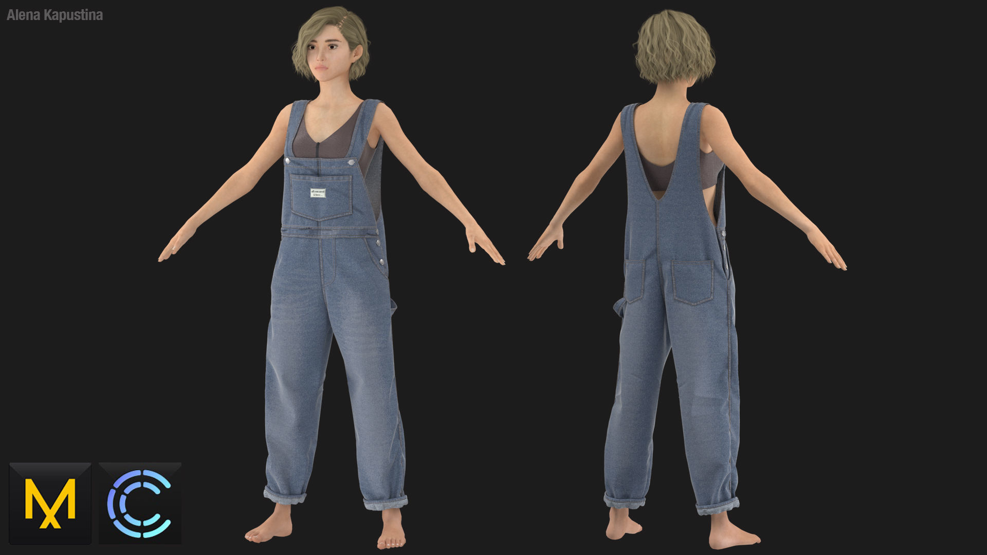 Female outfit Overalls Shirt Top  Marvelous Designer   3D model_3