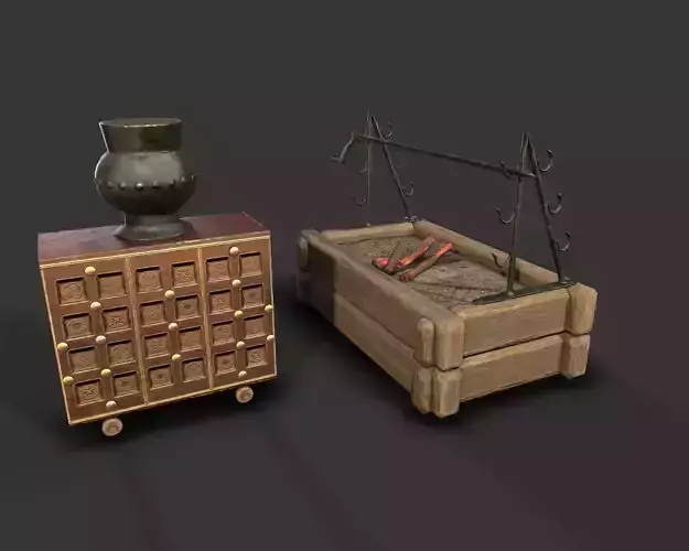 MedievalFurniture two wooden chests and vase Low-poly 3D model