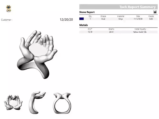 2046 H gold ring with two hands holding lapis stone