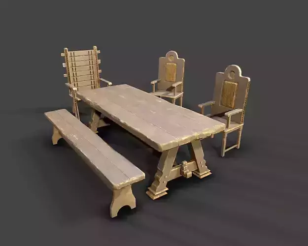 MedievalFurniture three wooden chairs and table