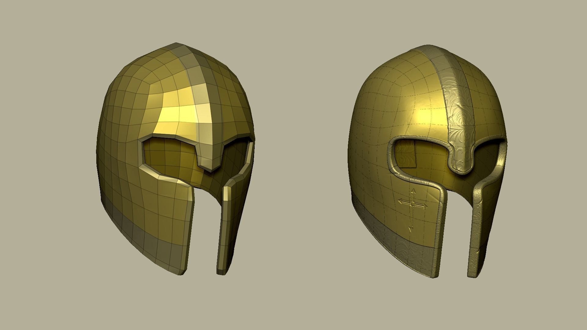 Golden Crusader Helmet - Character Design Low-poly 3D model_16