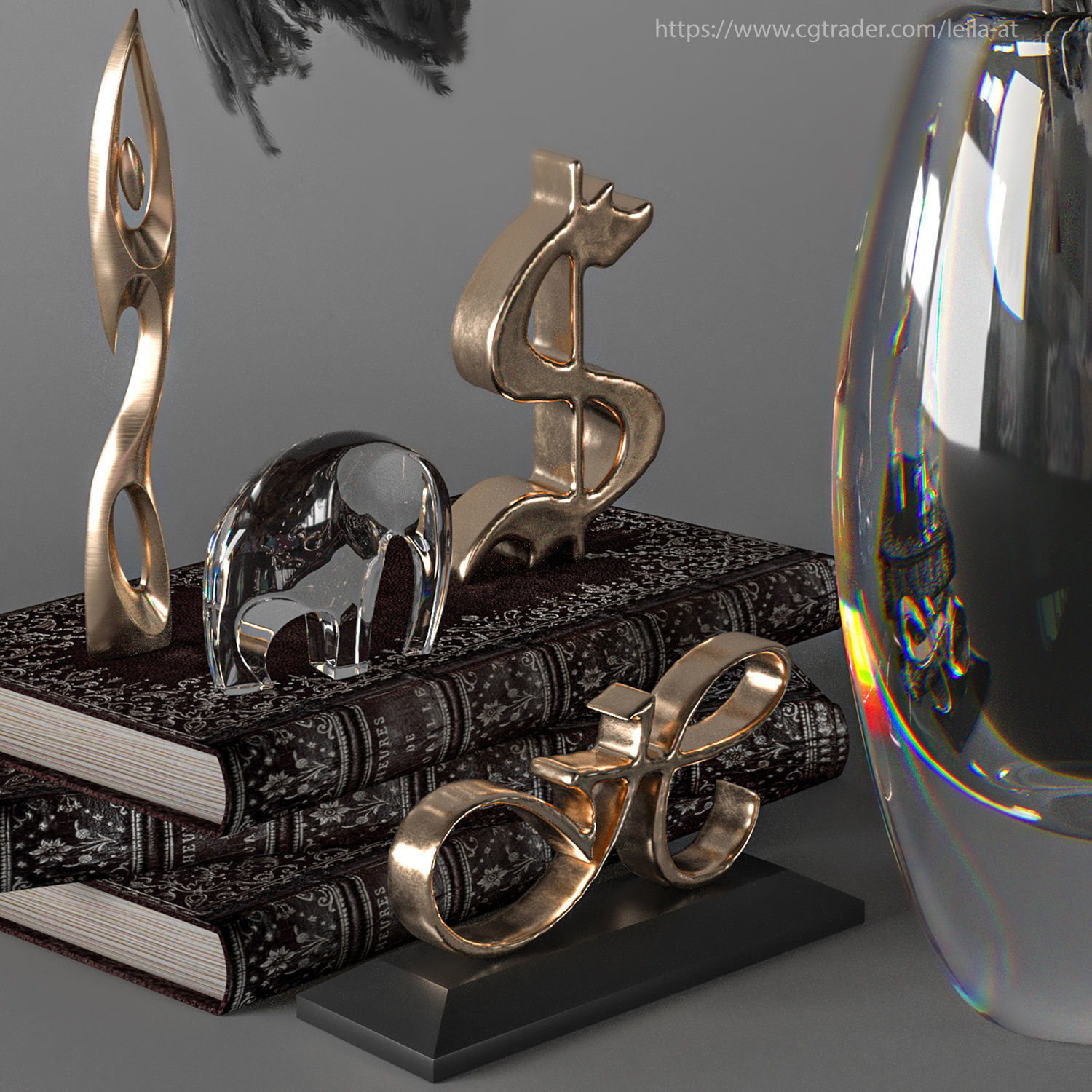 feathers black and white decorative set 3D model_4