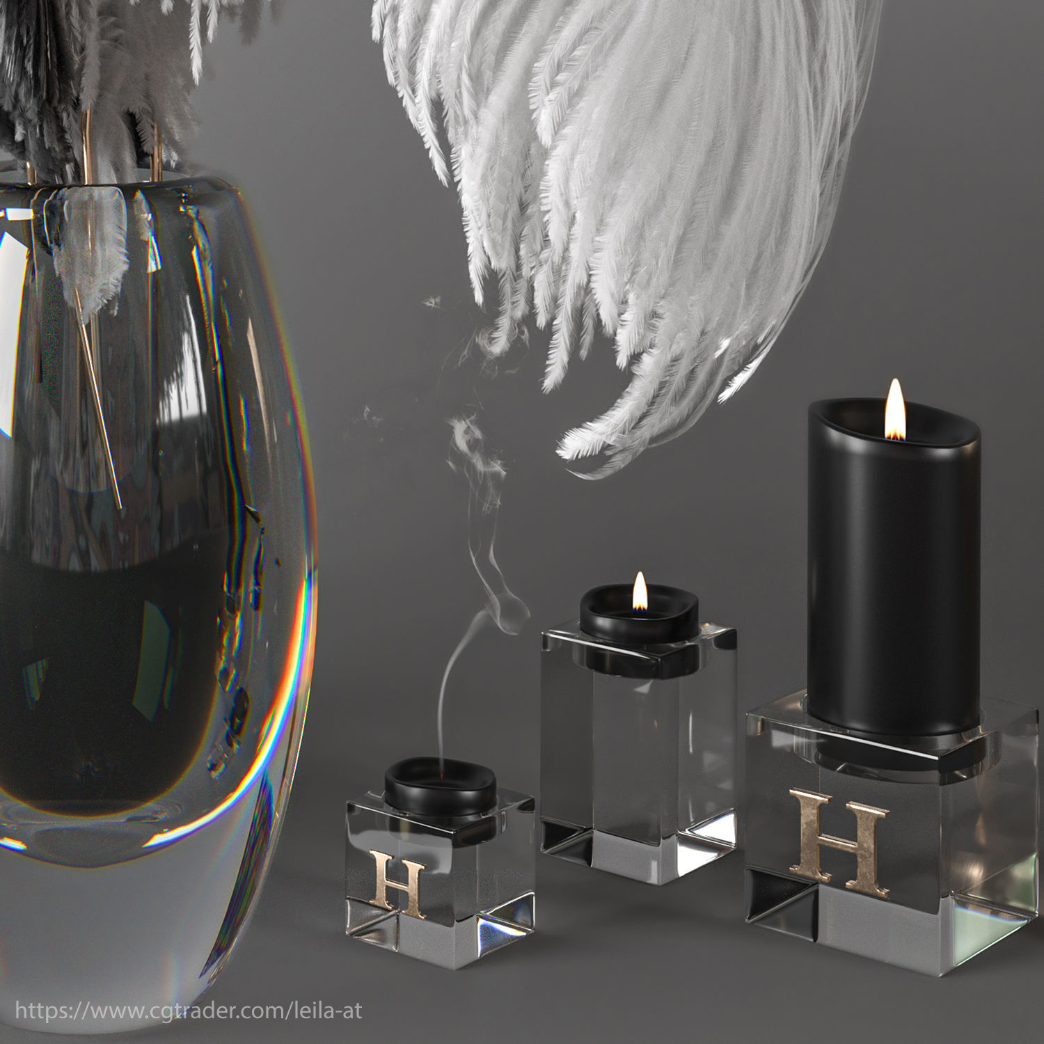 feathers black and white decorative set 3D model_3