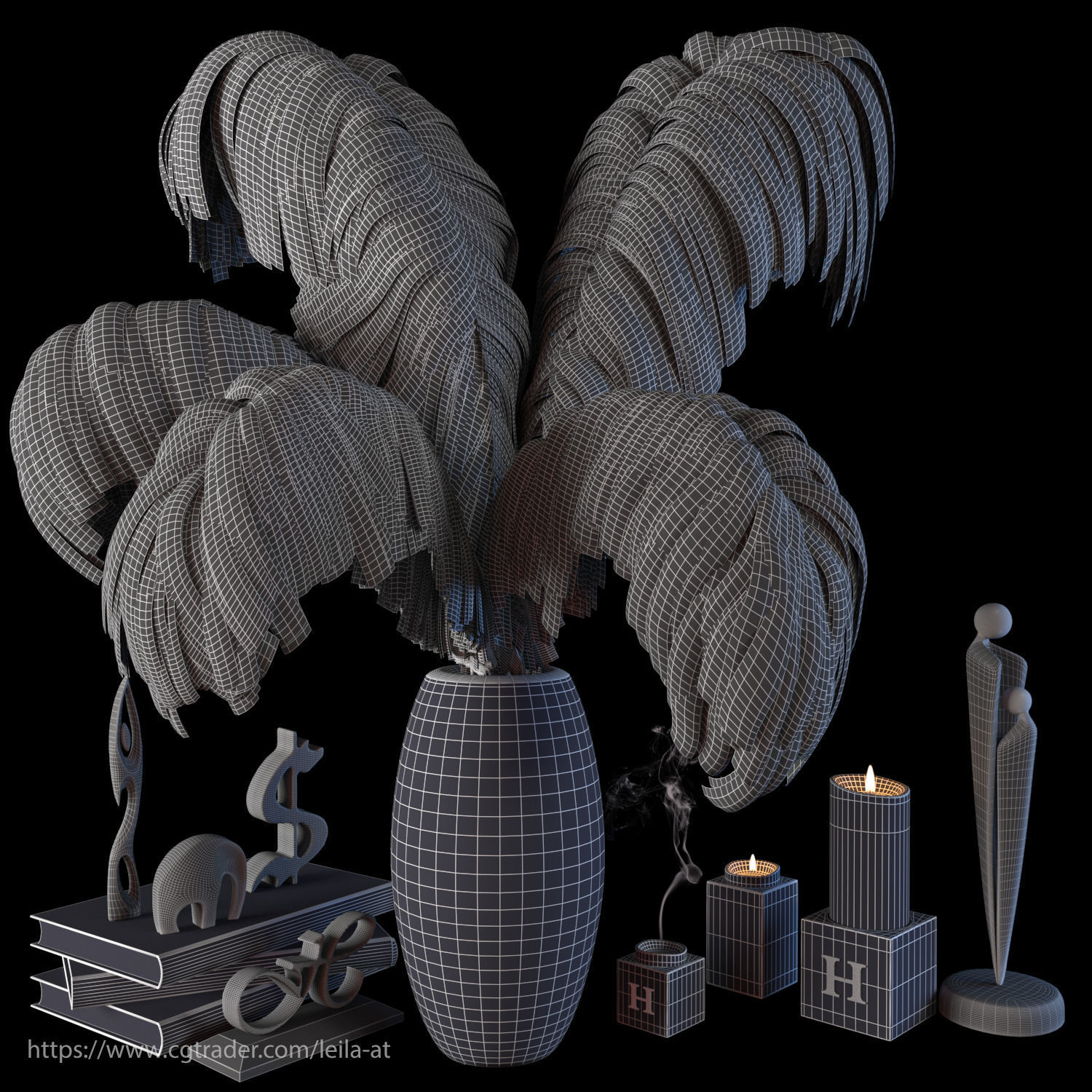 feathers black and white decorative set 3D model_2