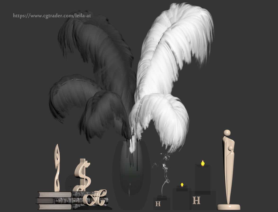 feathers black and white decorative set 3D model_9