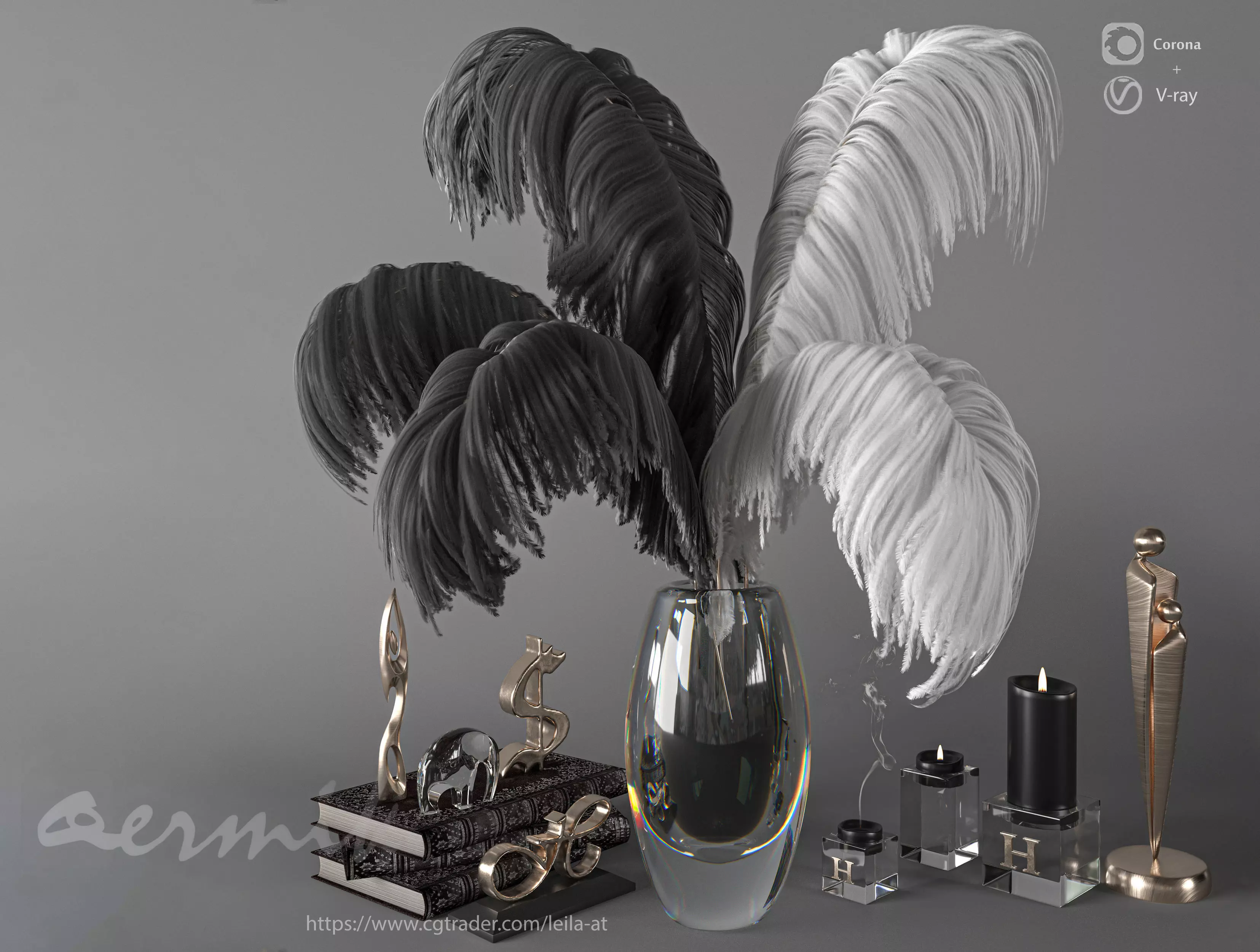 feathers black and white decorative set 3D model_0