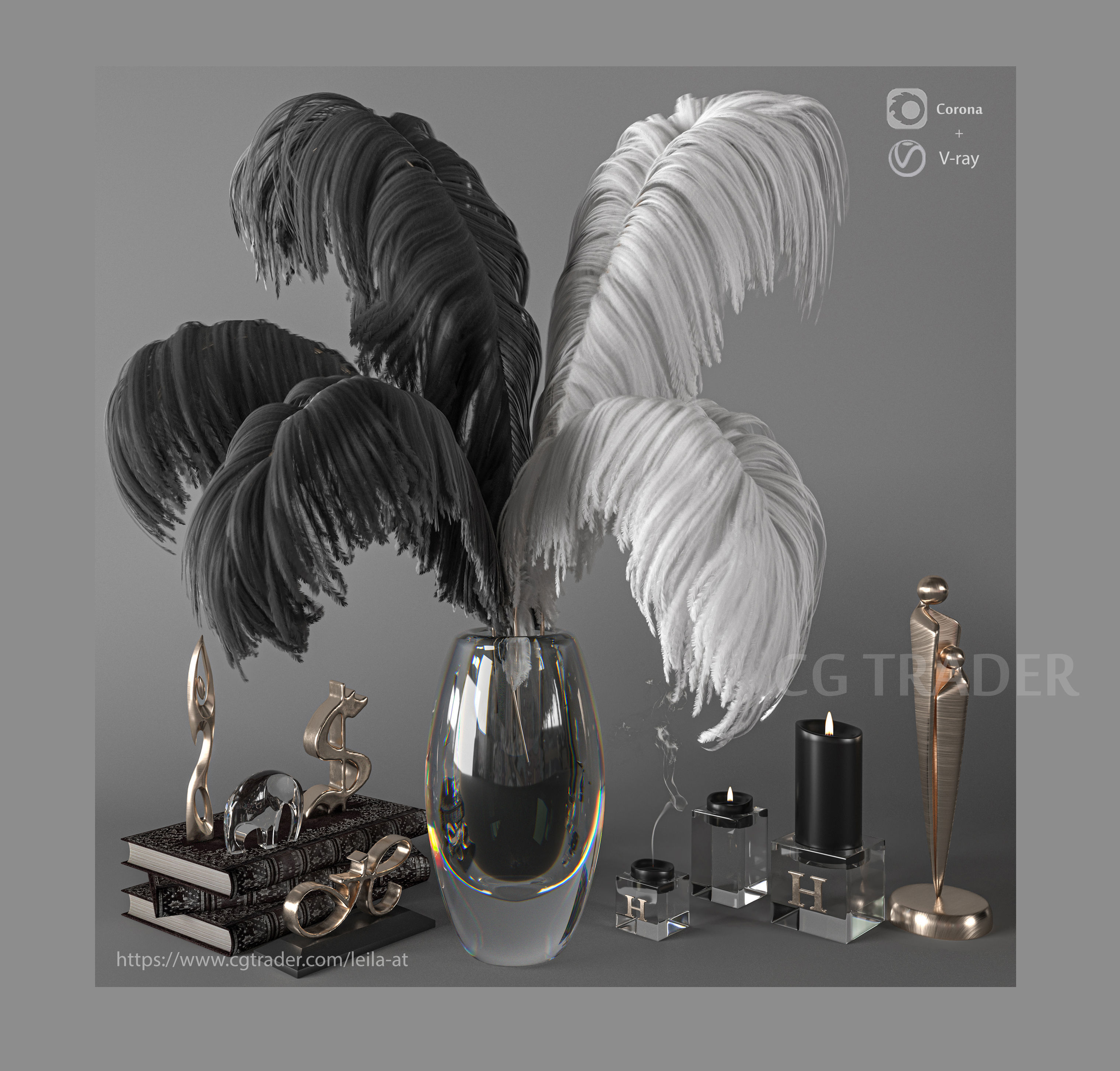 feathers black and white decorative set 3D model_10
