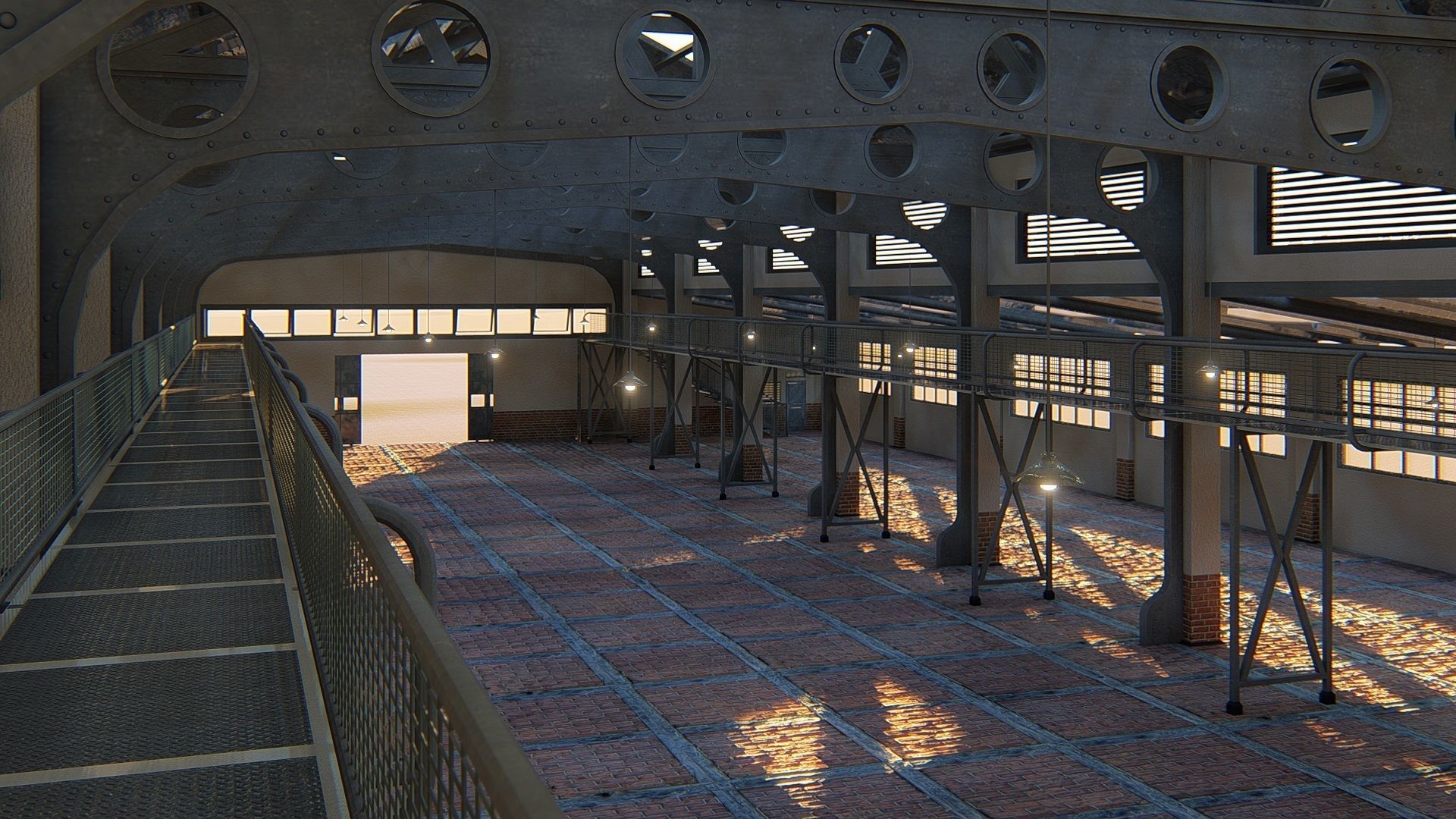 Warehouse industrial building with roof 3D model_3