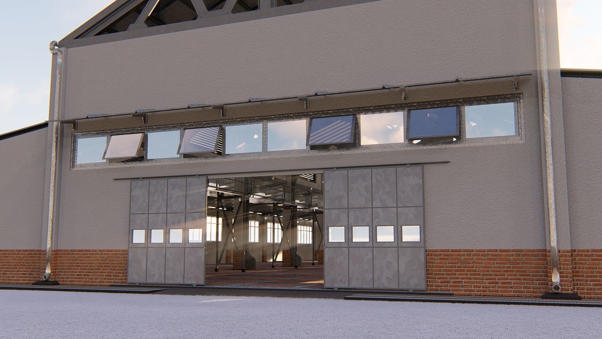 Warehouse industrial building with roof 3D model_8