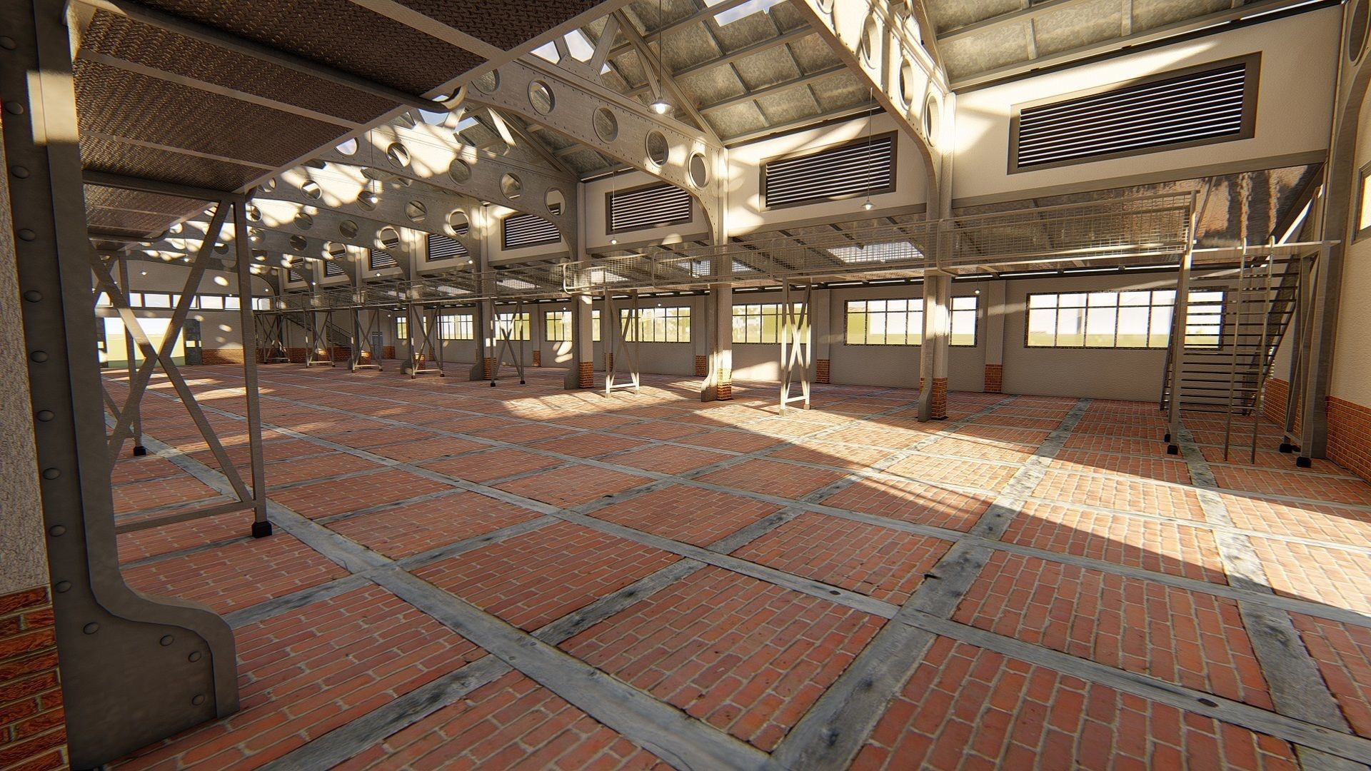 Warehouse industrial building with roof 3D model_1