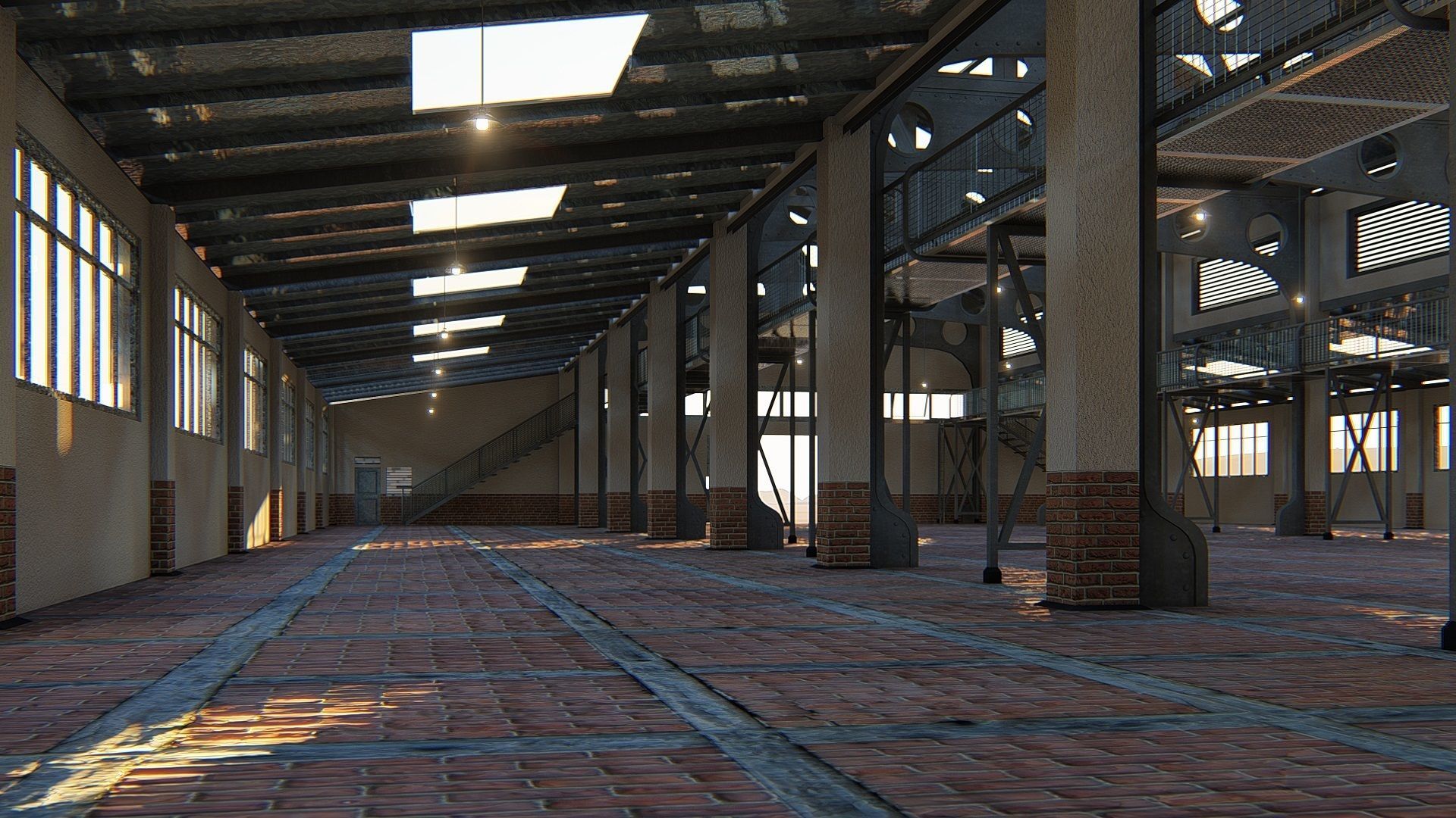 Warehouse industrial building with roof 3D model_2