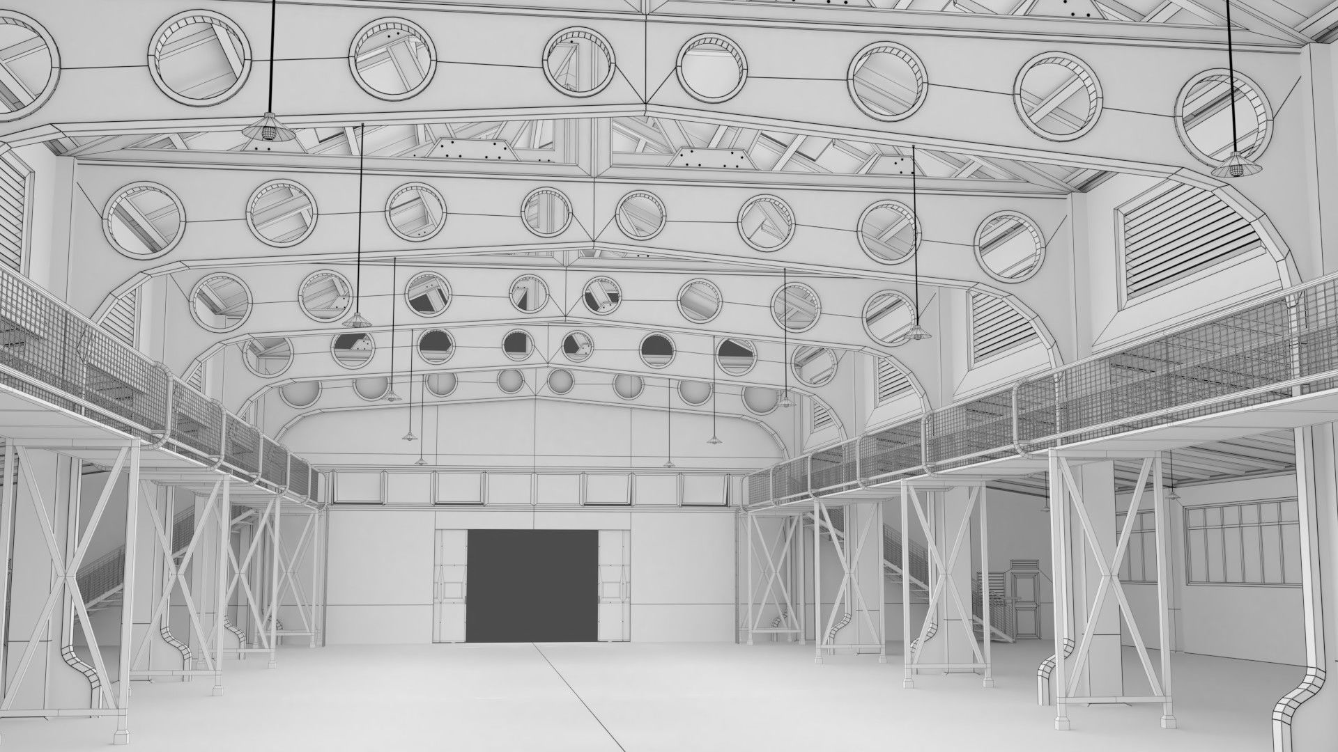 Warehouse industrial building with roof 3D model_11