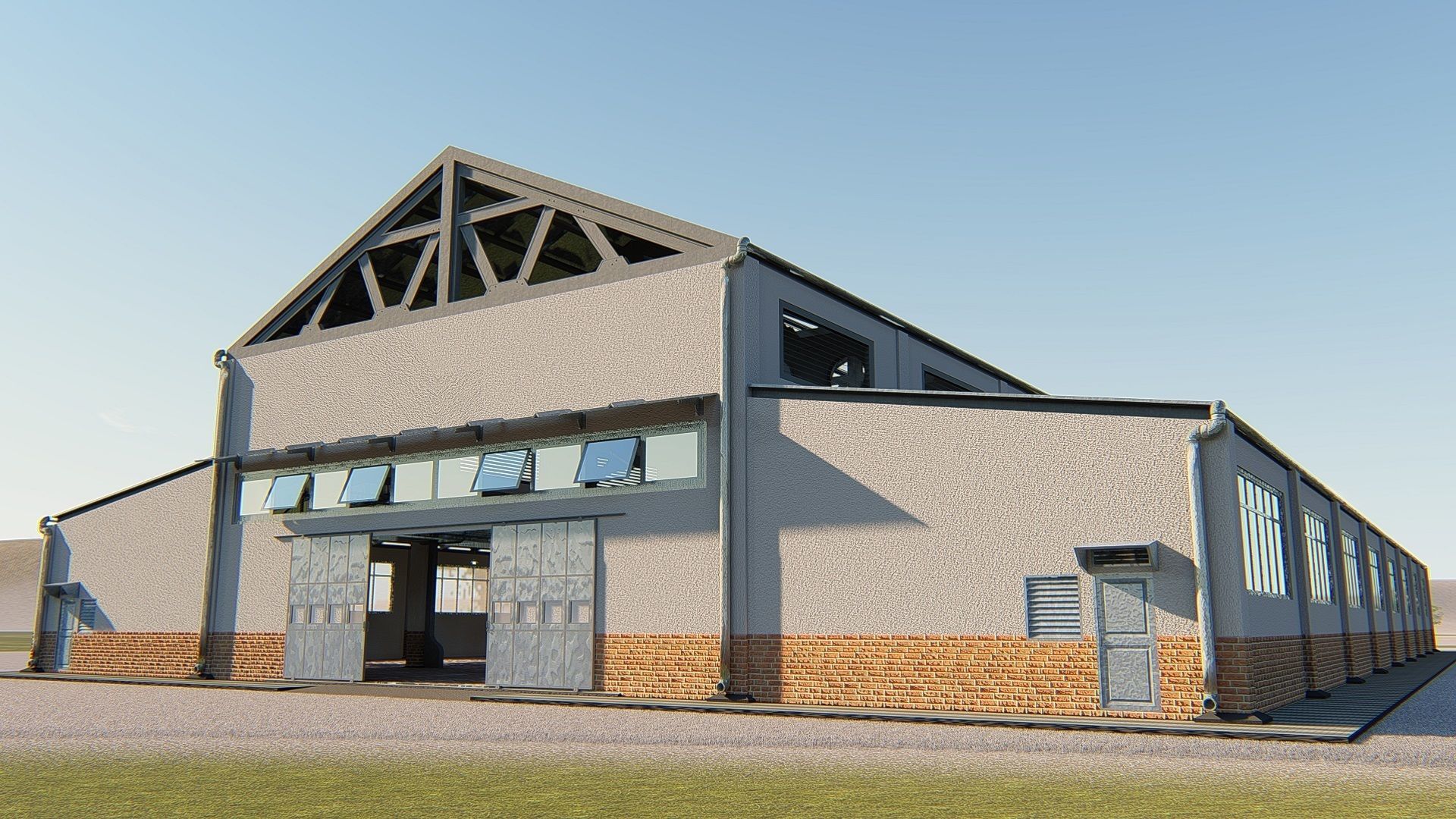 Warehouse industrial building with roof 3D model_4