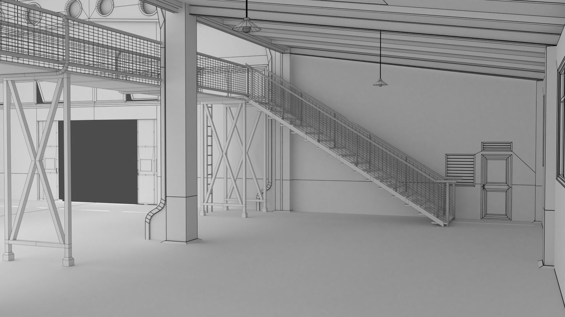 Warehouse industrial building with roof 3D model_10