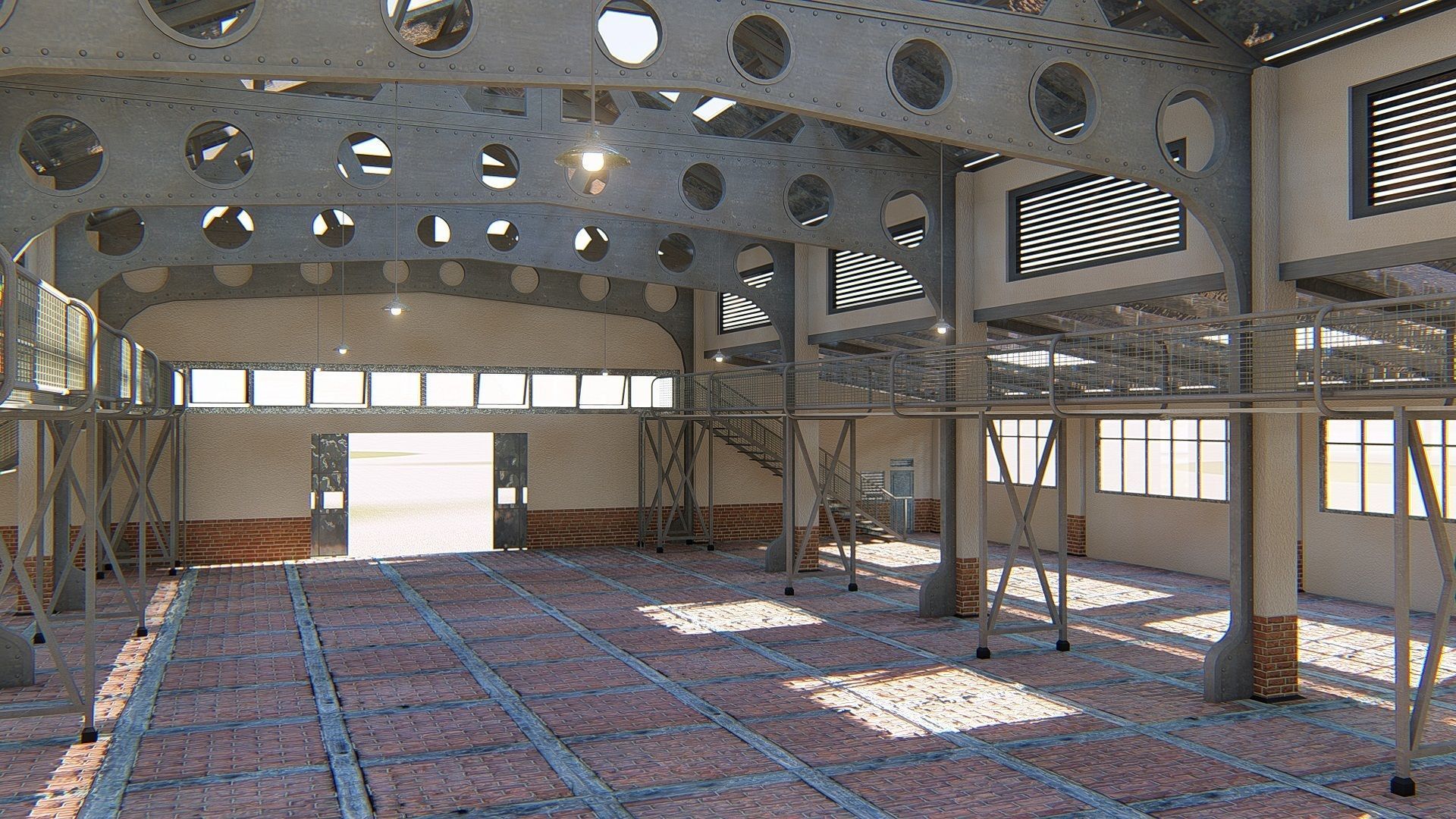 Warehouse industrial building with roof 3D model_5