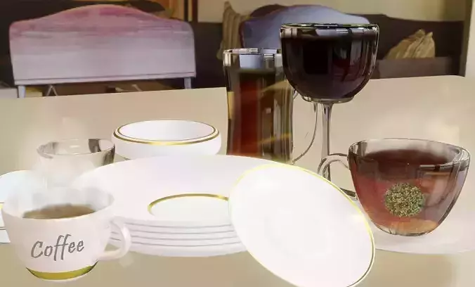 Dishes coffee cups and plates on table