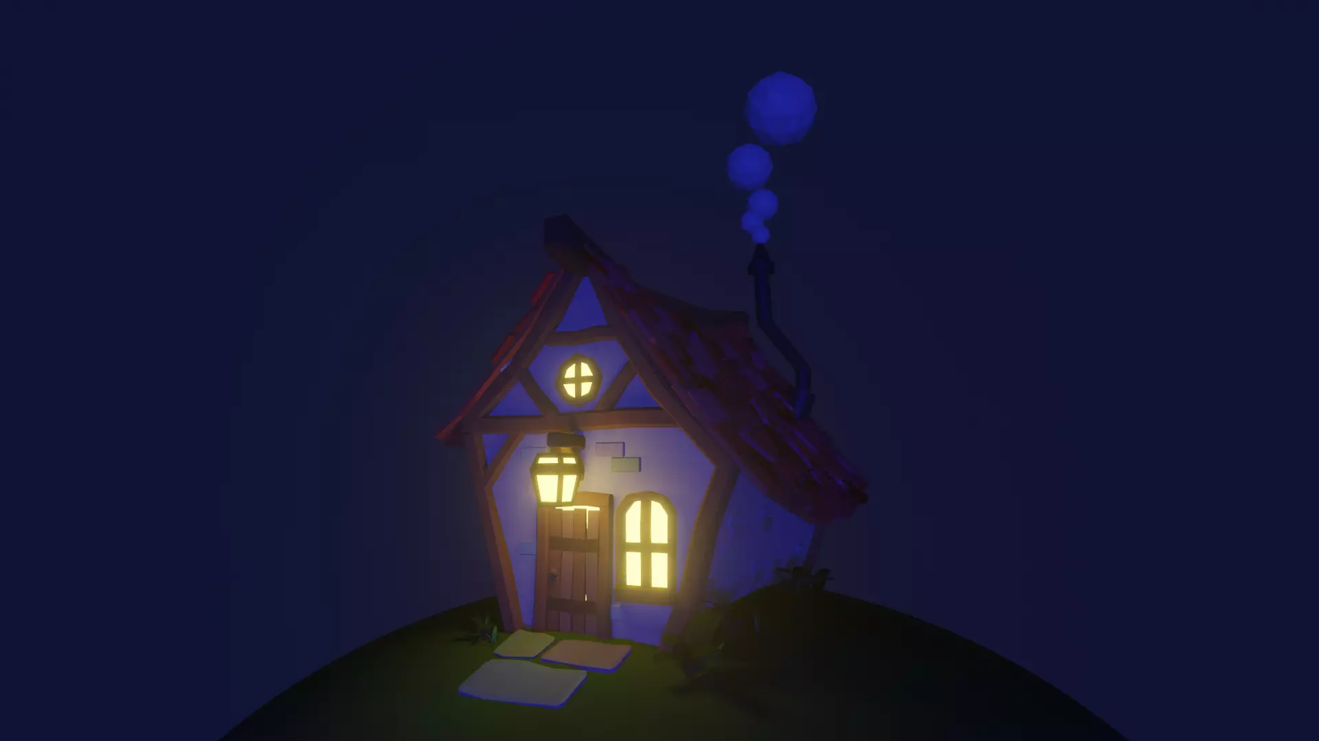 Low Poly Cottage house at night Low-poly 3D model_0
