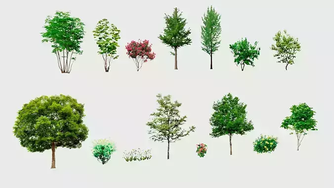 LOW-POLY PLANTS different trees in row Low-poly 3D model