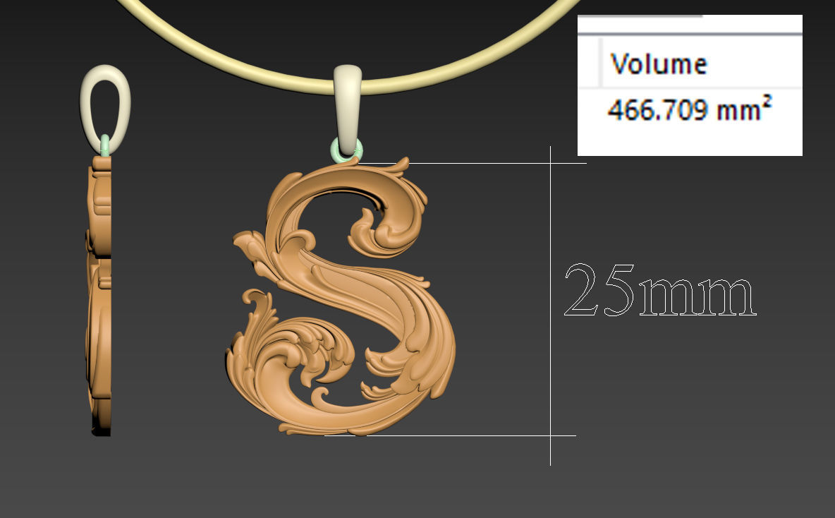 pendant S with letter 3D print model_3