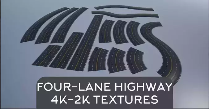 PBR 4K-2K Four-Lane Highway Roads Clean Low-poly 3D model