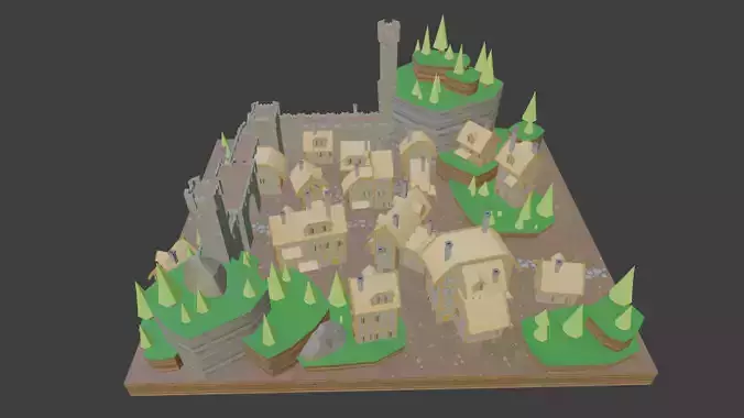 Village with trees and buildings 3D model