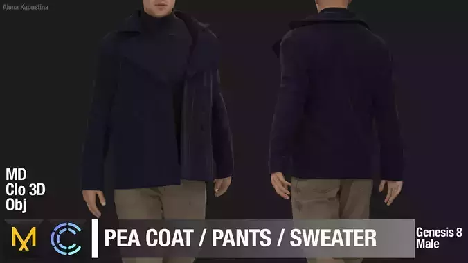 Male outfit Pea coat Pants Sweater Marvelous Designer