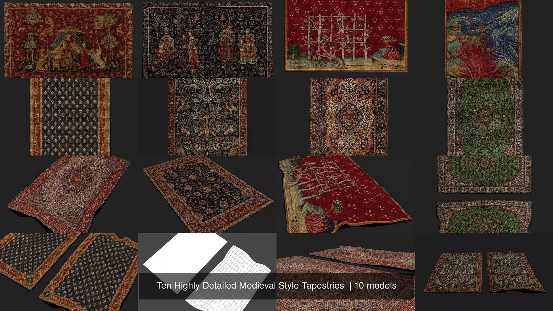 Ten Highly Detailed Medieval Style Tapestries 3D Model Collection_11