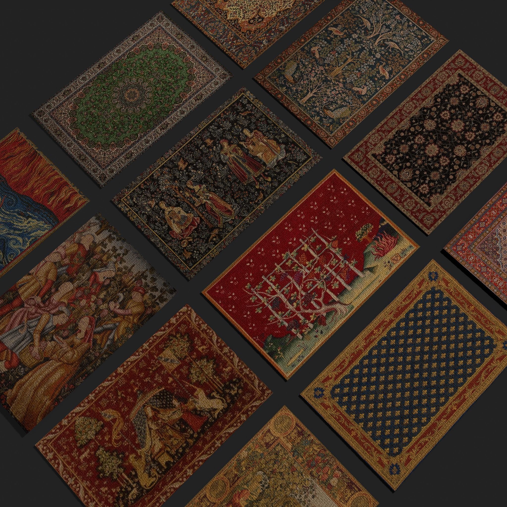 Twelve Highly Detailed Medieval Style Tapestries  3D Model Collection_16