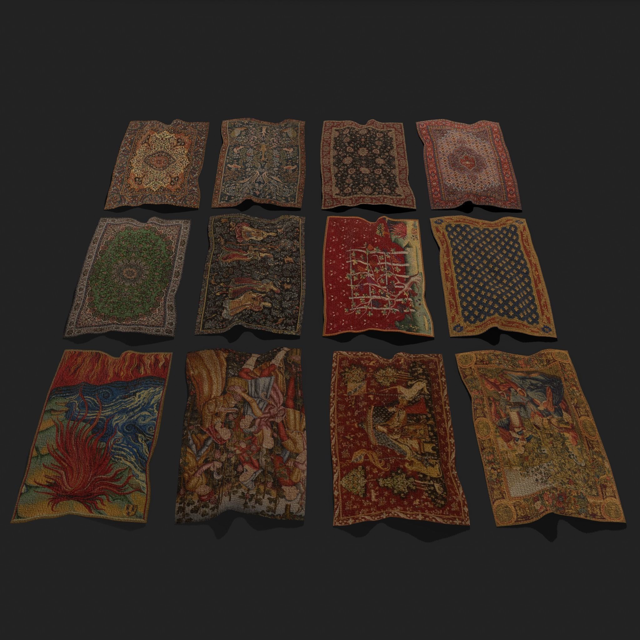 Twelve Highly Detailed Medieval Style Tapestries  3D Model Collection_14