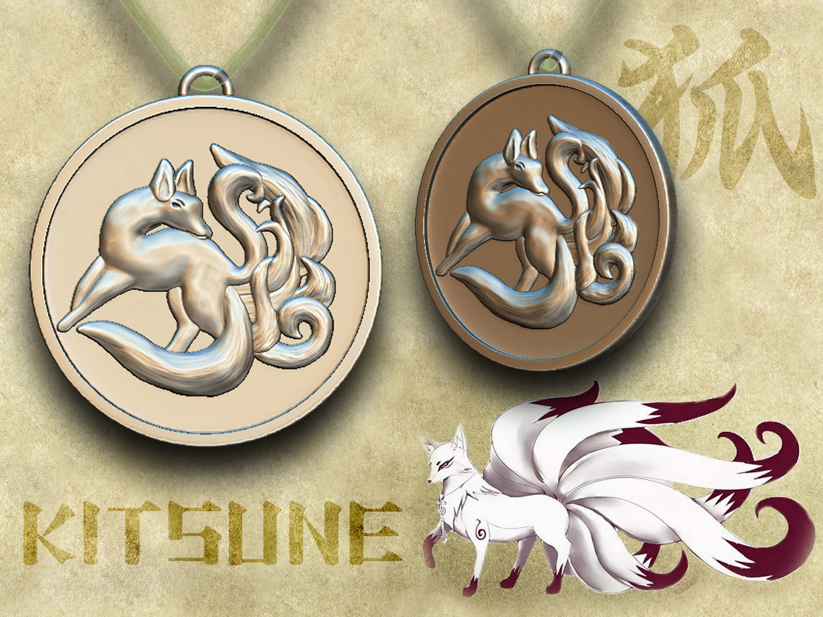 Medallion of Kitsune - nine-tailed fox 3D print model