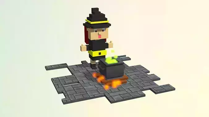 Witch And Cauldron - Voxel Low-poly 3D model